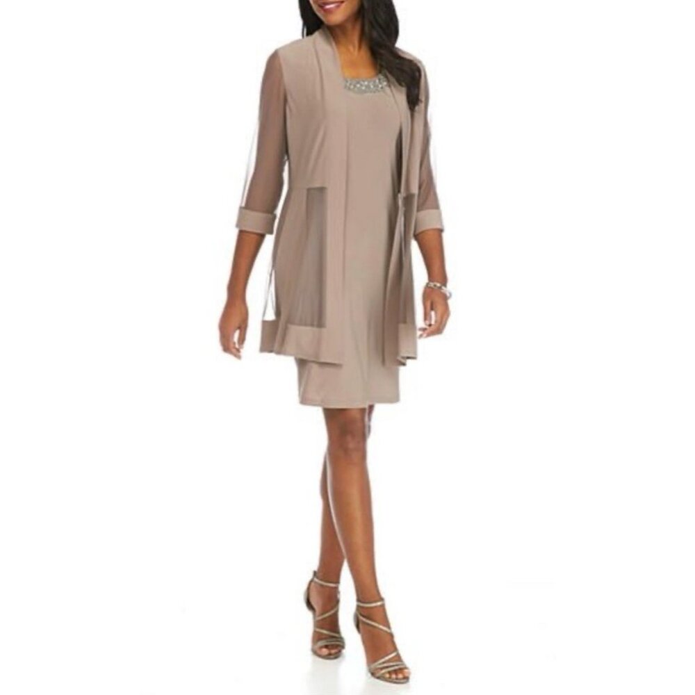 R & M RICHARDS PM Taupe Brown Jacket Dress Shimmer Wedding Party Cruise NEW